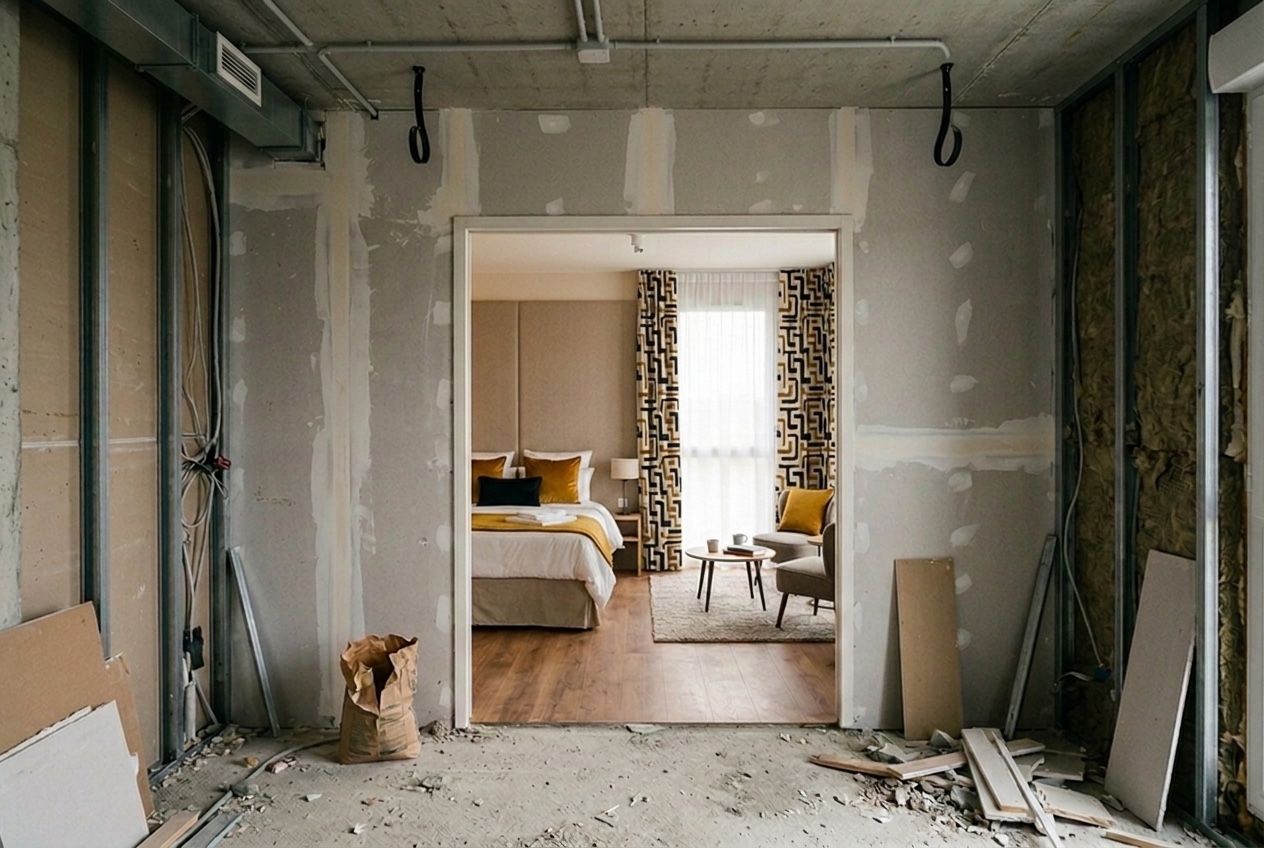Chambre t&eacute;moin finie au milieu du plateau encore brut